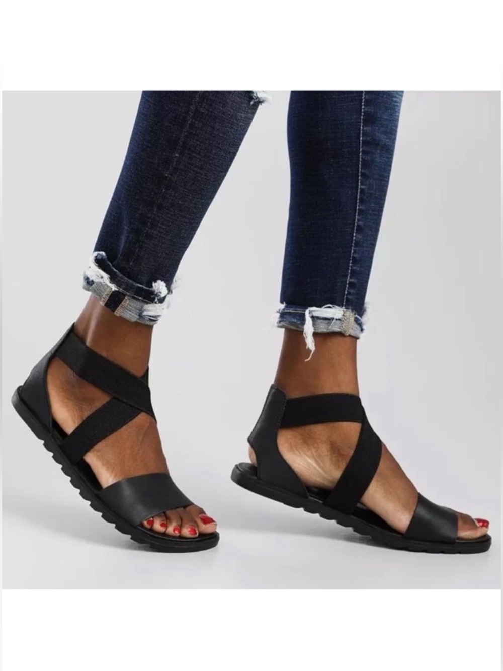 SOREL Ella II Black Leather Crisscross Sandal size 8 - Picture 2 of 11